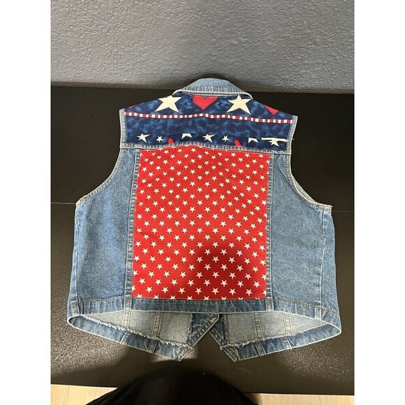 VTG Womens Denim Vest 90s Y2K American Flag Stars Stripes Size MEDIUM Logo Club - Picture 5 of 5